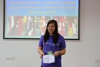Student representative Georgina Kwok Ngar Chan speaking